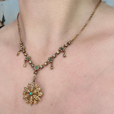 Romantic Antique Pearl & Turquoise Necklace