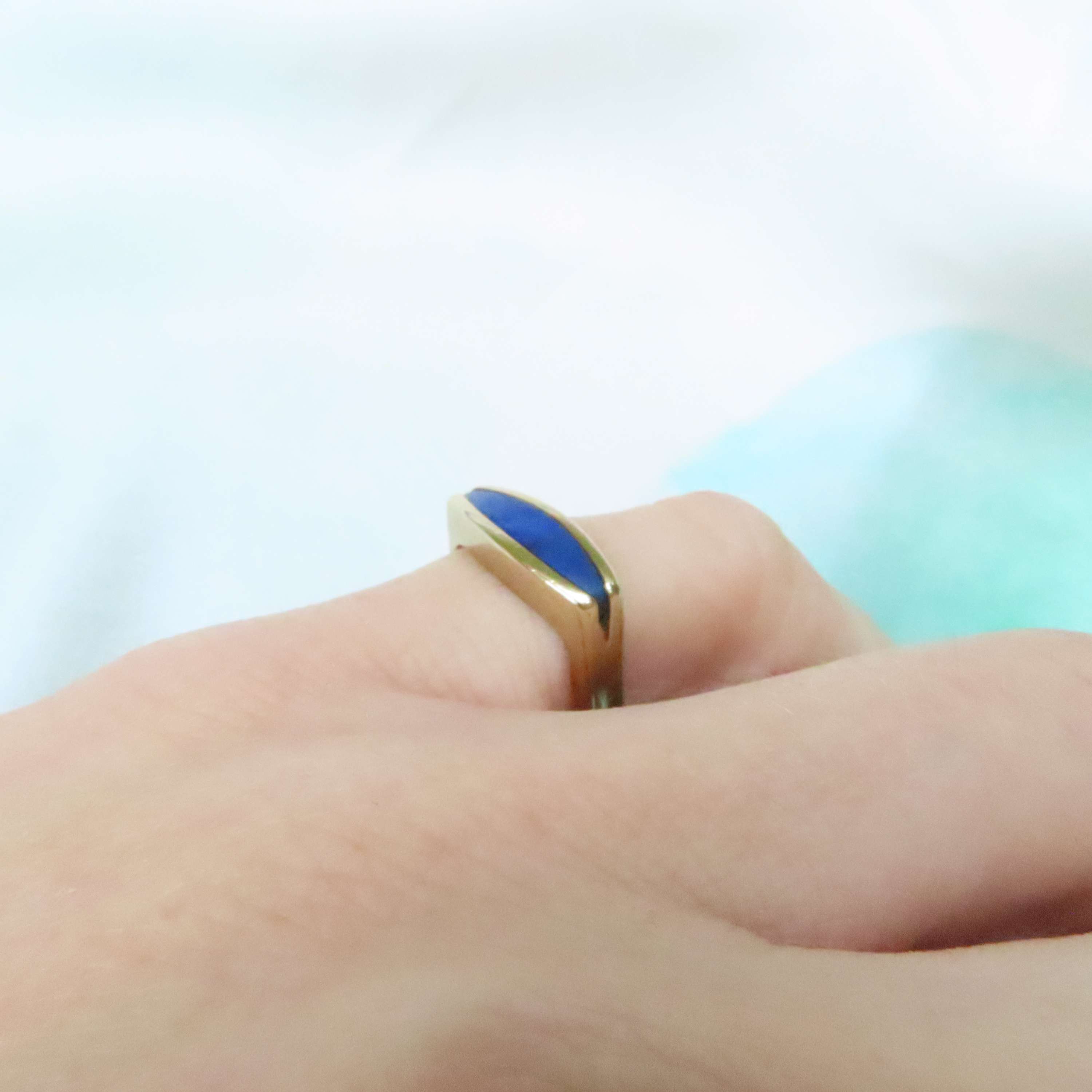 square lapis lazuli ring 1970s  side profile on finger