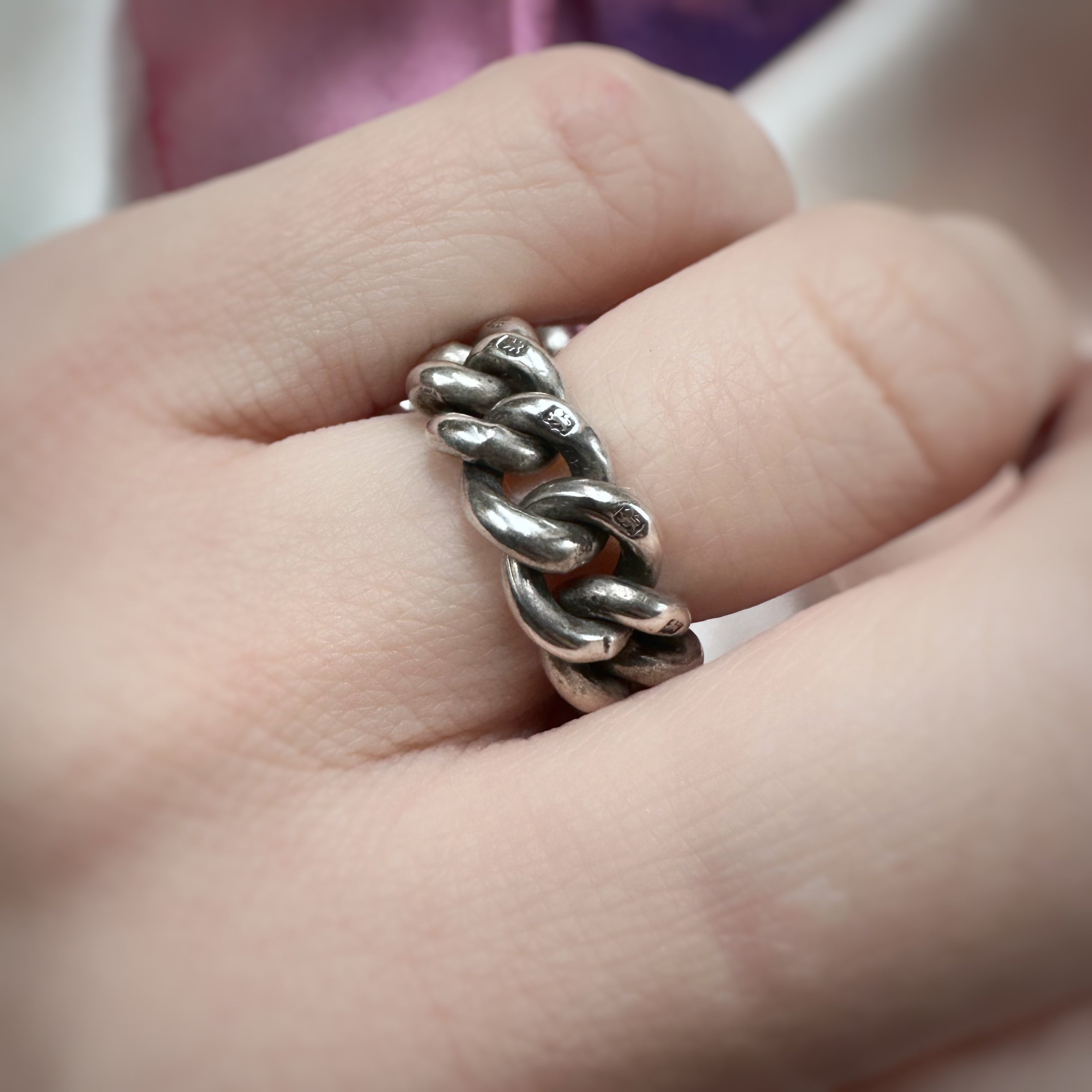 silver ring made from antique curb chain