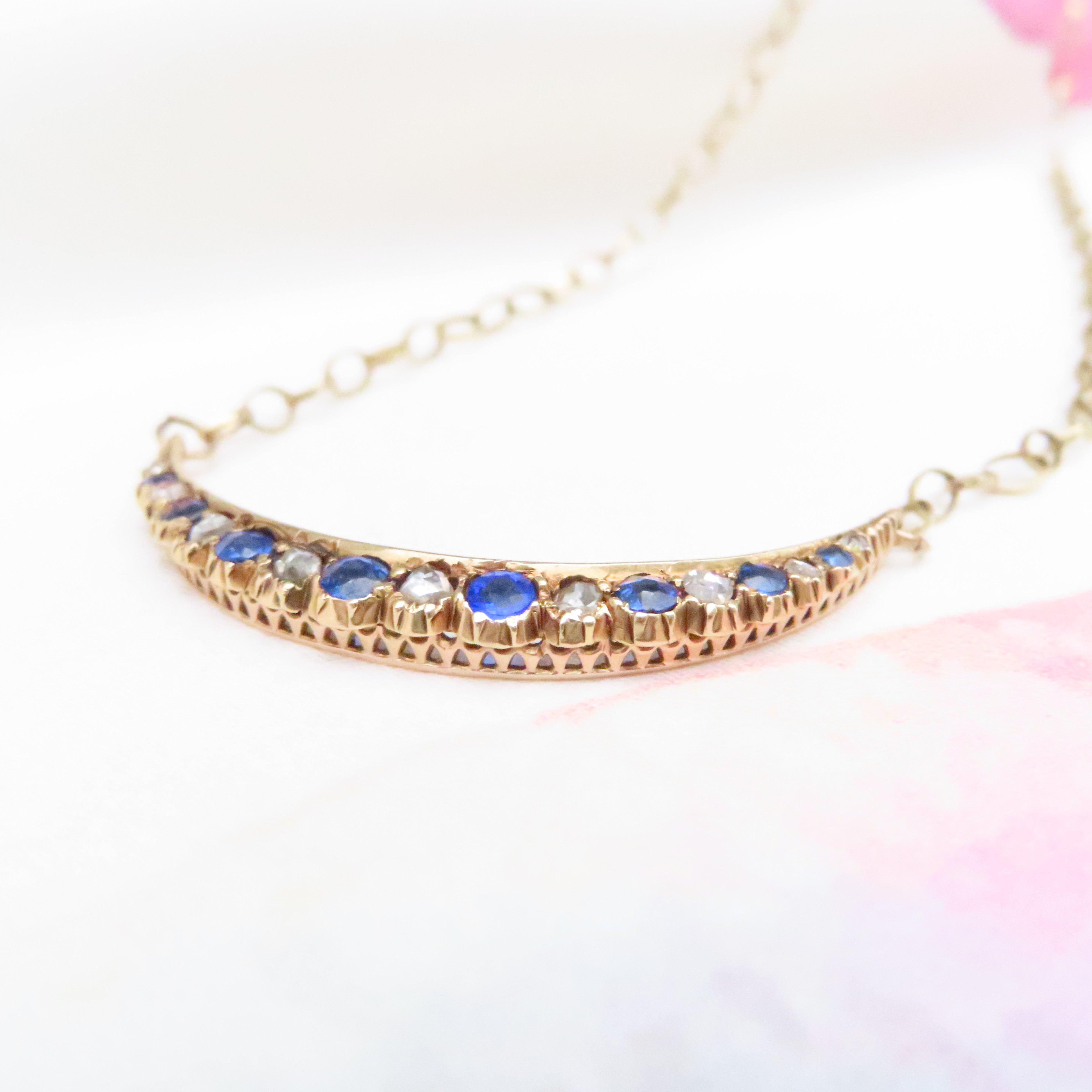 antique rose cut diamond and synthetic sapphire crescent