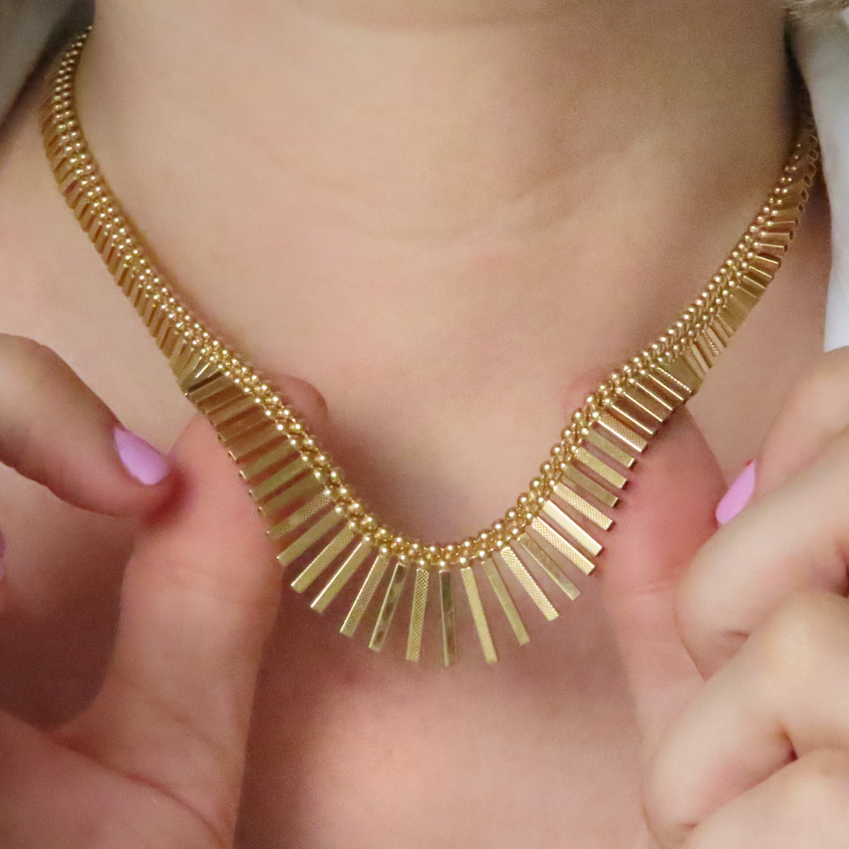 1980s cleopatra fringe necklace 9ct gold 27g unoaerre